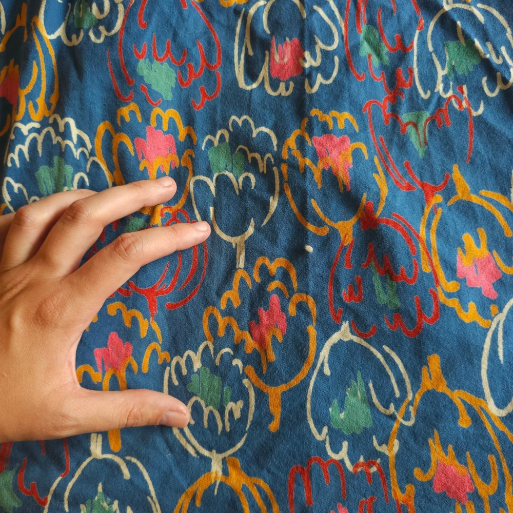 Vintage 1970s Blue Abstract Floral Wrap Skirt A-Line Boho Cotton Midi Skirt - Picture 6 of 13